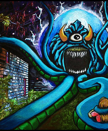Surreal acrylic art of a giant blue tentacled monster with one eye attacking a woman at night