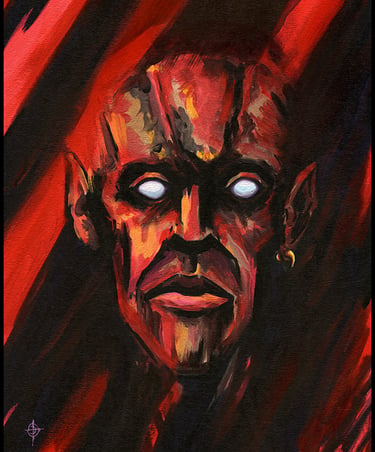 Dark fantasy acrylic painting of a demonic face with glowing white eyes and red brushstrokes