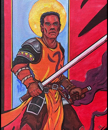 Acrylic painting of a Black knight holding a sword & dagger with a golden sun halo background