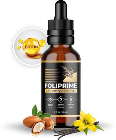 Foliprime hair support formula dropper bottle with biotin, argan oil, and vanilla for hair growth.