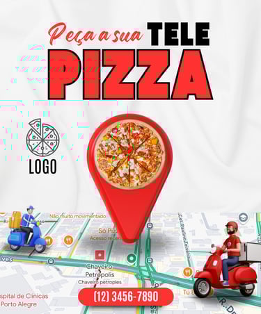 arte para instagram com o ícone de localização de uma pizzaria e motos de entrega