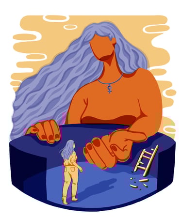 a woman with a long hair offering her hand to a mini woman facing a broken ladder