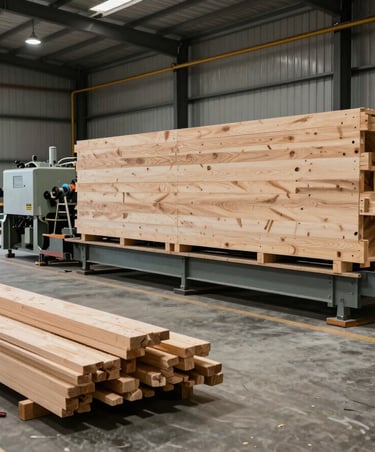 Wide shot of an on-site crating operation inside an industrial warehouse, lumber and tools laid out on concrete floor next to a large unpackaged machine, even ambient light, no people posing
