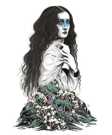 illustration of a woman with long hair and blue eyes with a mushroom plantation growing beneath her