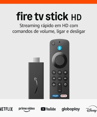 Amazon Fire TV Stick HD streaming device with Alexa Voice Remote and popular app logos.