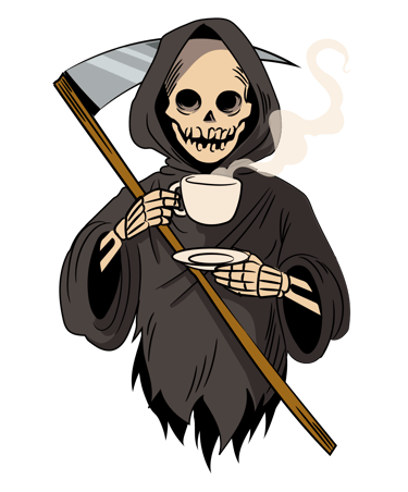 Grim Reaper skeleton character holding a scythe and drinking a steaming cup of coffee.