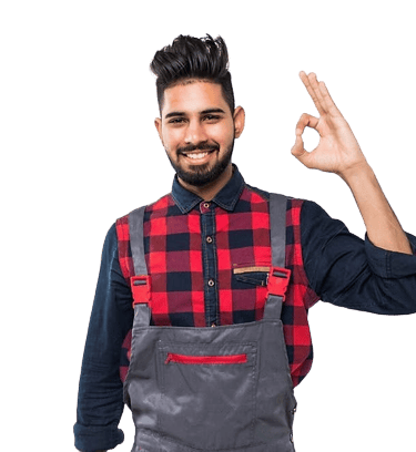 electrician man with raising hand.