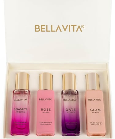 BellaVita Luxury Eau De Parfum Set for Women (4x20 ml)| DATE, Senorita, GLAM, Rose Scents | Vanilla
