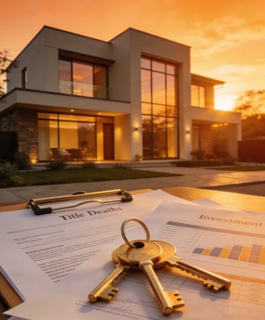 Real estate investment documents and house keys sitting before a modern luxury home at sunset.