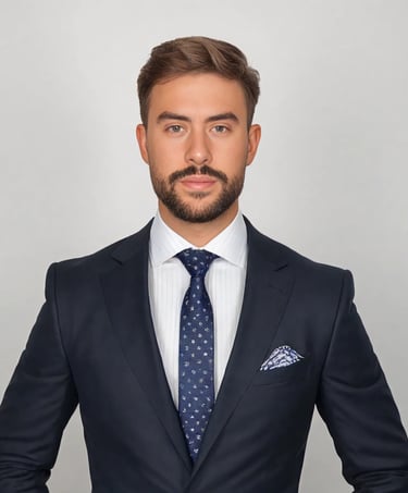 CEO in a suit and tie with a blue tie