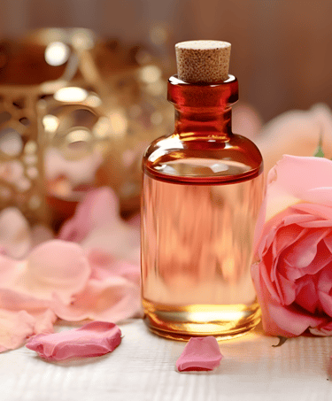 a bottle of perfume with a rose on a table