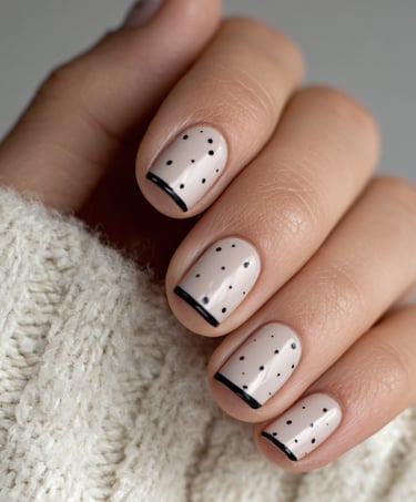 Beige nails with black micro dots and thin French tip accents