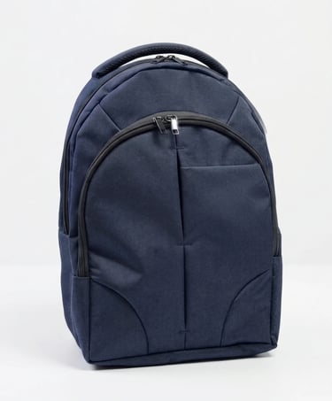 Mochila ejecutiva azul marino con compartimento frontal, ideal para laptop y uso diario