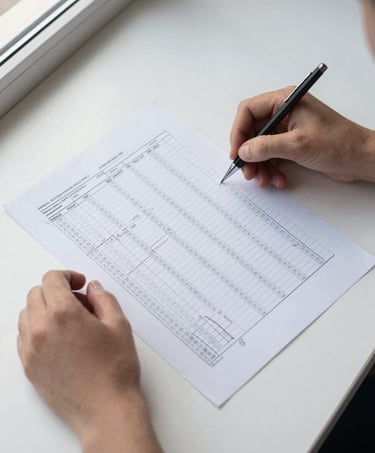 Overhead desk shot: two hands reviewing a multi-page printed spreadsheet with rows of creditor data and highlighted cells, a mechanical pencil making margin notes, daylight from a window to the left, no faces, clean white desk surface visible at edges