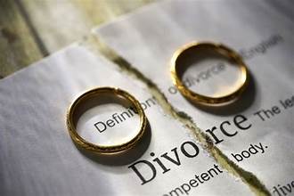 Two Wedding Rings above the word divorce on a contract indicating paperwork behind the division. 