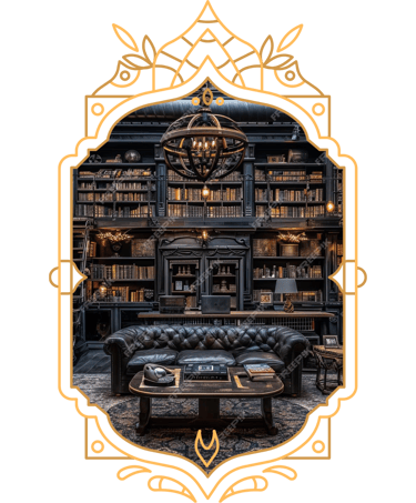 a library with a leather sofa in a victorian frame