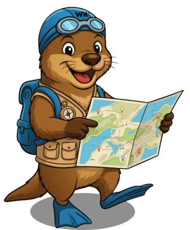 De vrolijke otter mascotte van NextWave zwemschool in Liedekerke met zwembril en badmuts.