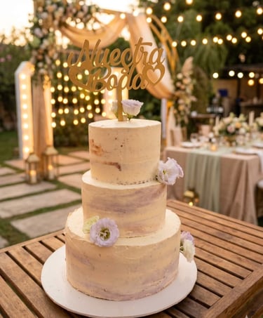 pastel de bodas con tonalidades lilas y flores en una mesa de madera