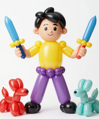 Carl John The Magician animal boy holding blue swords with two red and teal balloon dogs.