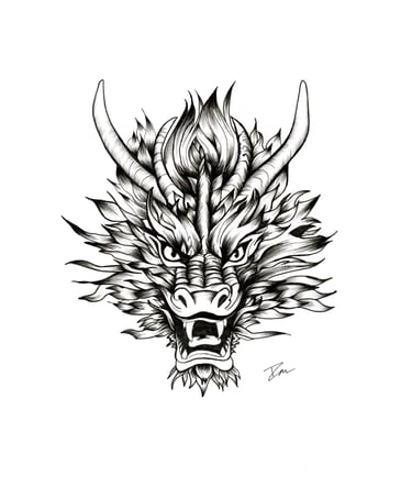 Dessin à l'encre de chine d'une tête de dragon 