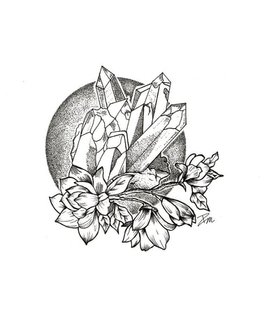Dessin à l'encre de Chine  de cristaux et de fleurs en pointillisme