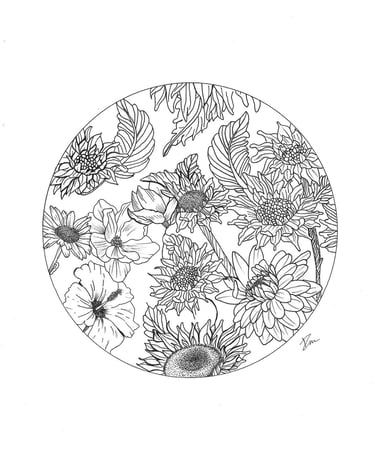 Dessin à l'encre de Chine de fleurs dans un rond