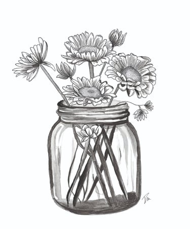 Dessin à l'encre de Chine  d'un vase avec des fleurs 