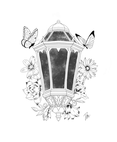 Dessin digital  lanterne papillons et fleurs
