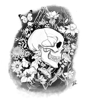 Dessin digital crâne et fleurs 