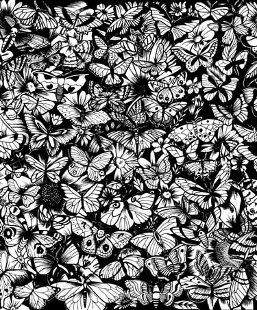 Dessin à l'encre de Chine de papillons sur des fleurs en noir et blanc