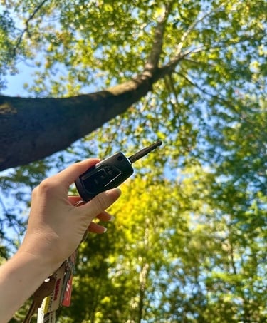 Hand holding car key fob in front of forest background