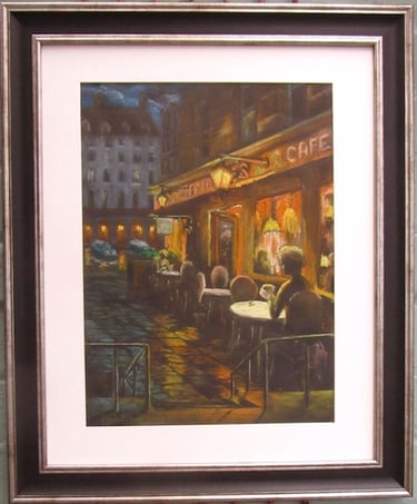 A lone figure holds a cup in her hand sat at a table outside an all-night cafe. Drawn in soft pastel on black paper. SOLD
