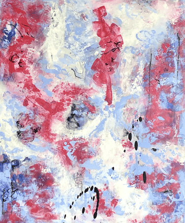 a painting with abstract red and white flowers