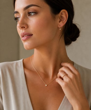 A woman wearing a gold diamond pendant necklace, matching hoop earrings, and a thin gold ring.