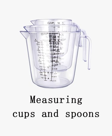 Measuring cups and spoons are kitchen utensils that are convenient for measuring liquid and powder ingredients.