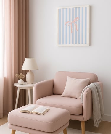 Cute pinterest worthy cozy corner having an art print of pink coquette on blue stripes