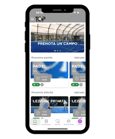 Padel court booking mobile app showing private lessons and match scheduling interface.