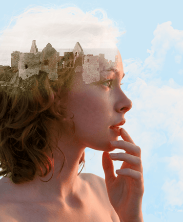 Ethereal double exposure edit of Irish castle over redheaded woman
