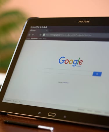 Google search page up on a tablet in an office setting