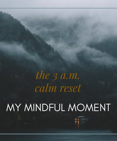 Misty forest mountain at night with a cabin lake reflection for mindful meditation.