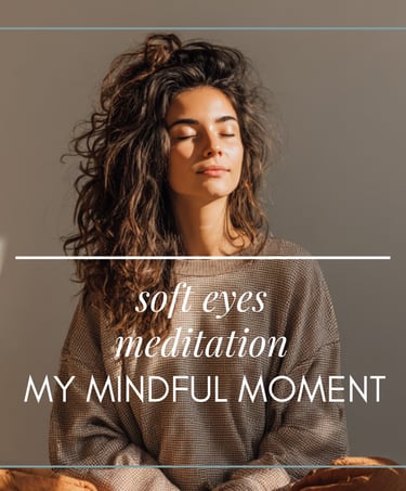 A woman with curly hair practicing soft eyes meditation and mindfulness in sunlight.