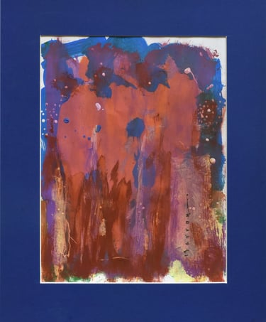 Abstract expressionist painting with textured red, purple, and blue brushstrokes in a blue mat frame.