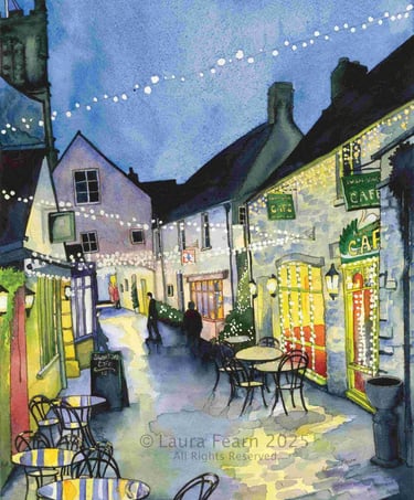 A night time street scene in Cirencester with fairy lights. Painted in pen, ink & watercolour.