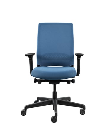 Blue ergonomic office task chair with adjustable armrests and caster wheels, front view.