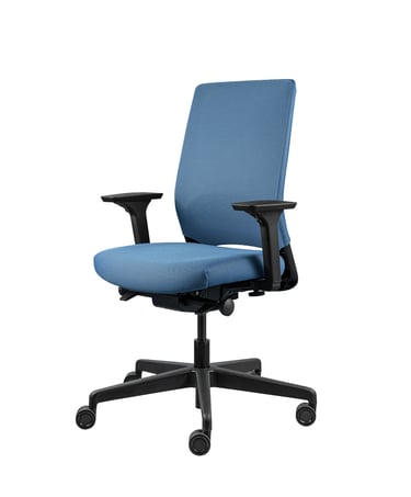 Modern blue office chair with ergonomic back support and swivel base, angled view.