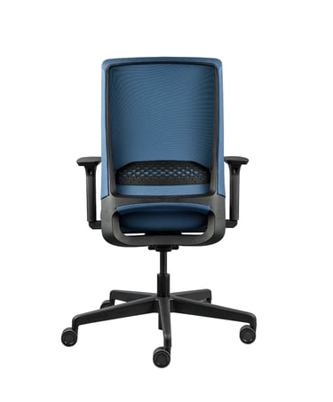 Breathable mesh-back blue office chair with lumbar support and rolling base, back view.