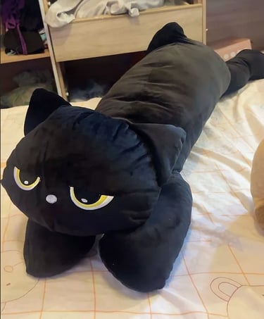 gato preto de pelúcia almofada