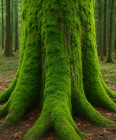 Tree trunk covered in bright green moss growing in dense forest