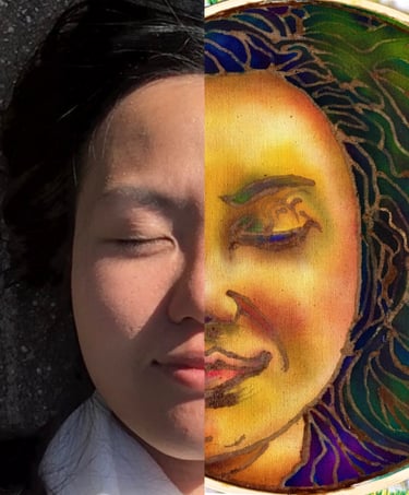 BATIK ARTIST SHUEN LI SPIRIT CREATED THIS BATIK PAINTING TO SHOW HER ORIGINAL PHOTO VS HER ARTWORK