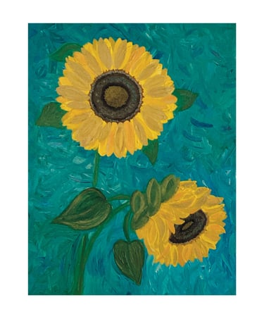 Acrylic painting of two yellow sunflowers with green leaves on a textured teal background.